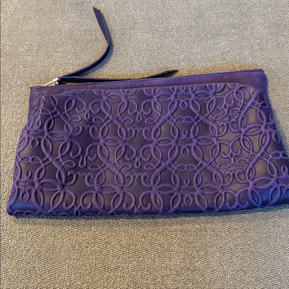 Alex and Ani Gabriel Embossed Leather Fold Over Purple Clutch (TD) - Picture 2 of 6